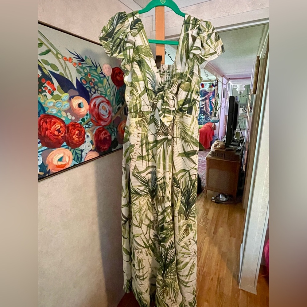 Taylor Green & White Palm Leaf Print Dress